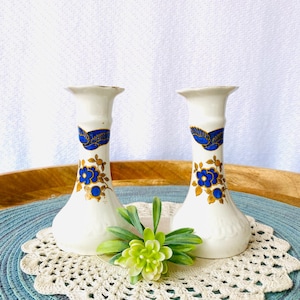 Pair of Ceramic Blue & Gold Floral Candlestick Holders
