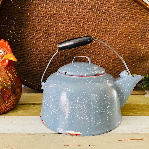 Large Vintage Speckled Enamel Blue Tea Kettle