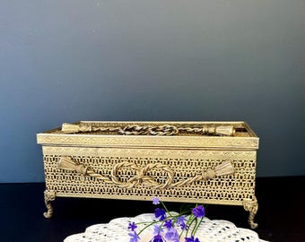 Vintage Hollywood Regency Gold Gilt Brass Filigree Vanity Tissue Box Holder