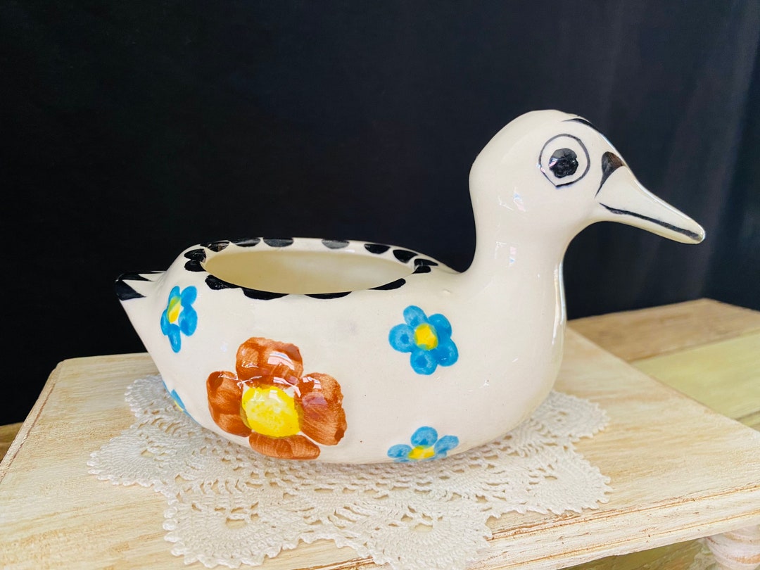 Handpainted Mini Ceramic Duck Flower Pot from Guatemala - Herbaceous Duck