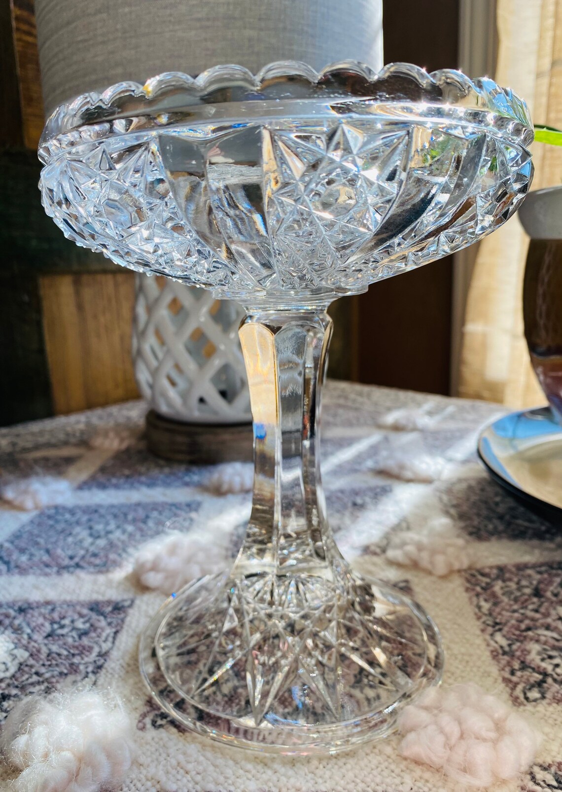 Compote Bowl EAPG Pressed Glass Pedestal w Stars & V Panels Etsy