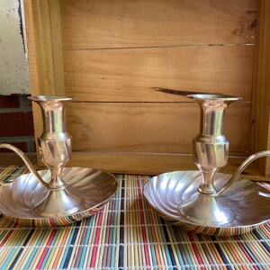 Pair of Antique Solid Brass Chamber Candlestick Holders