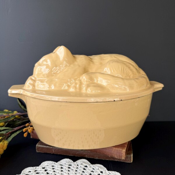 Vintage Cat Shaped Enameled Cast Iron Dutch Oven – Chasseur French Mustard 2 Quart