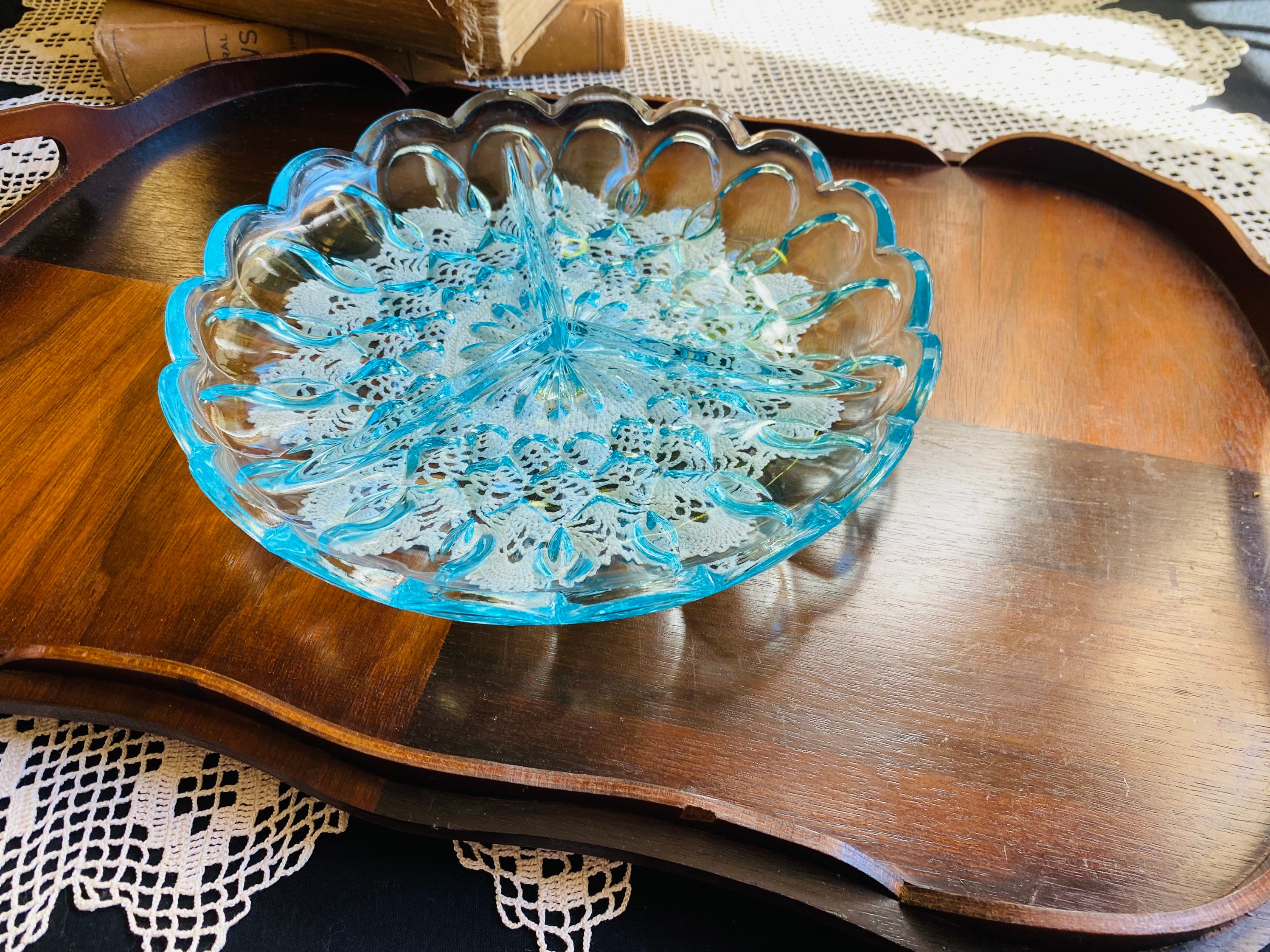 Vintage Anchor Hocking Light Blue Fairfield Divided Serving Platter / Blue Glass Serving Dish