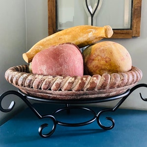 Large Mexican Terra Cotta Fruit Bowl on Wrought Iron Stand