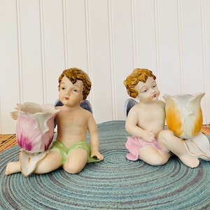 Pair of RARE Ucagco Hand Painted Cherub Figurine Vases