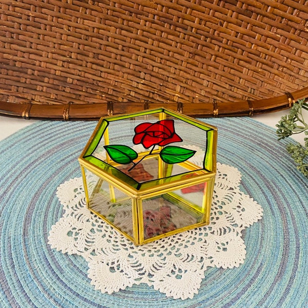 Rose Lid Glass & Brass Trinket Box