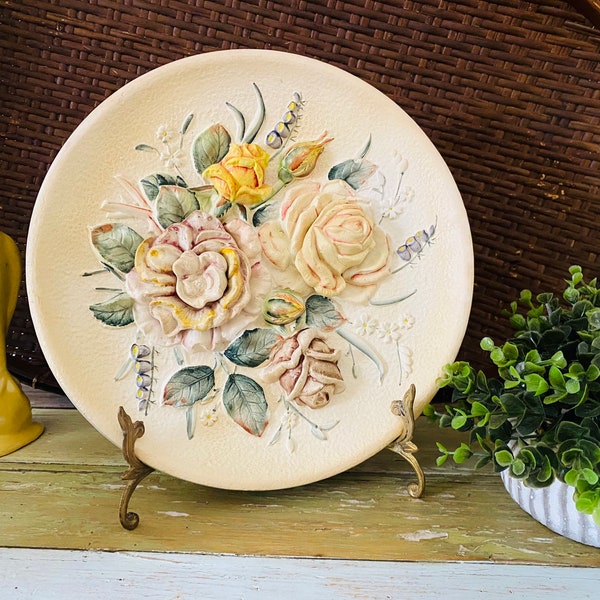 Hand Painted 1962 Napco Rosa Ceramic 3D Floral Wall Decor Plate