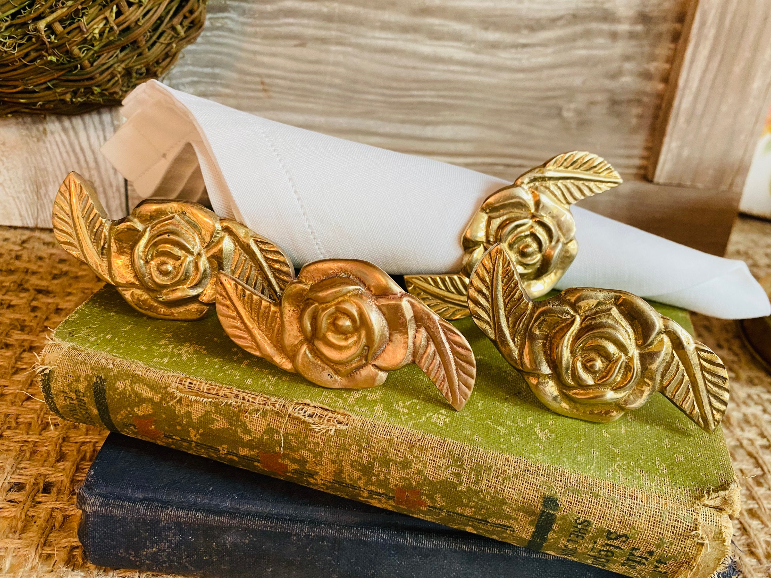 Set of 4 Brass Rose Napkin Holders Etsy