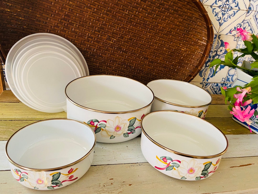 Set of 4 Enamel Nesting Bowls W/ Lids Etsy