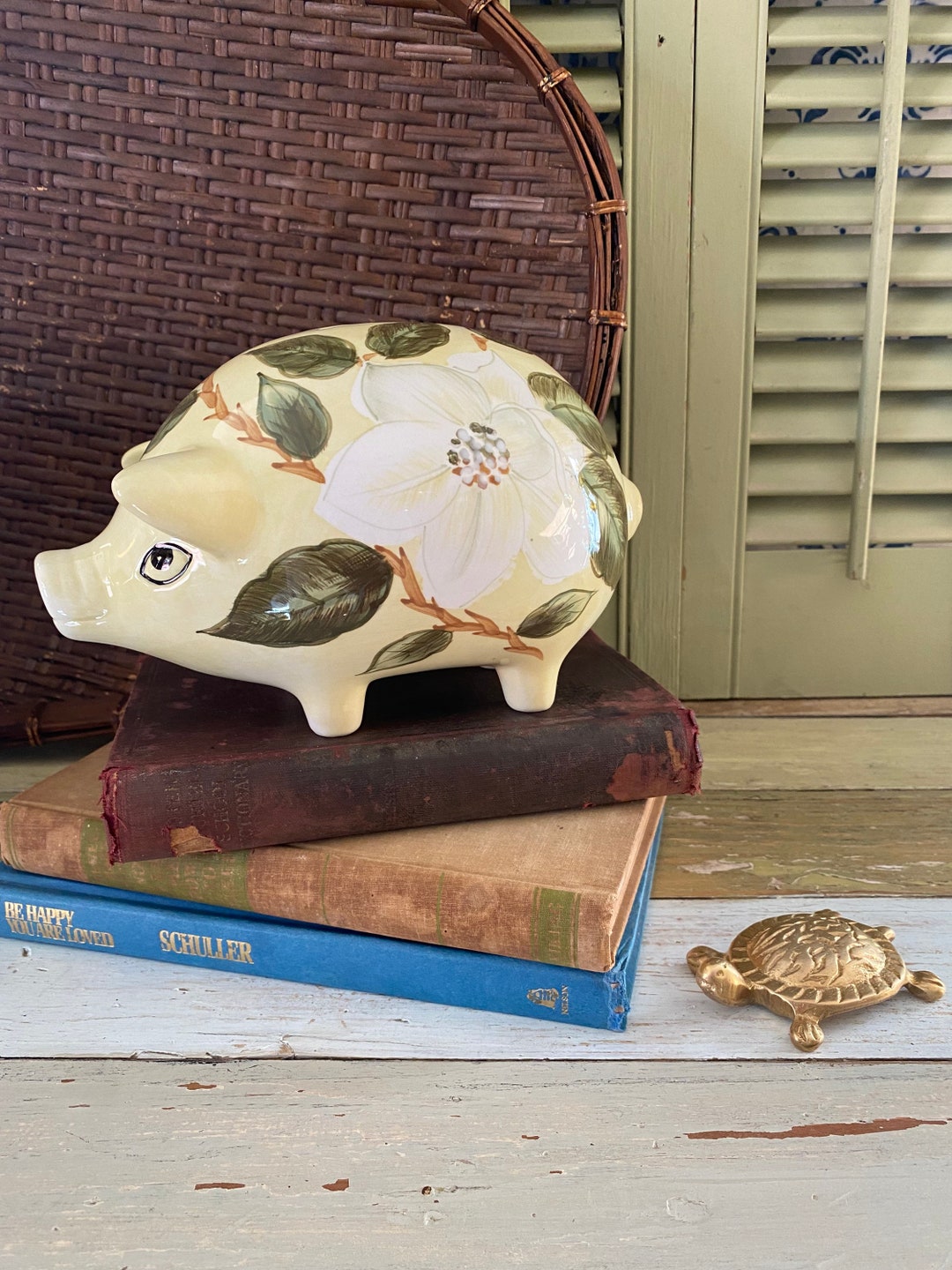 Vintage Large Ceramic Pig Piggy Bank W/ Magnolia Flowers Etsy