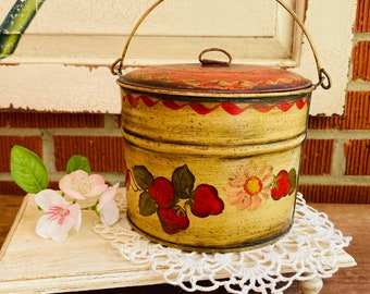 Adorable Handled Tin w/ Hand Painted Strawberries & Flowers
