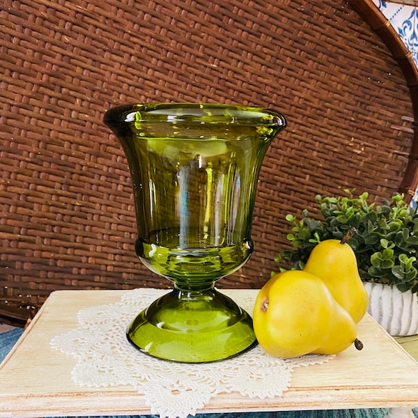 Vintage Avocado Green Pedestal Glass Compote/ Vase