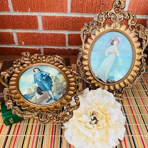 Pinkie & Blue Boy Prints in Gold Oval Ornate Convex Glass Frames