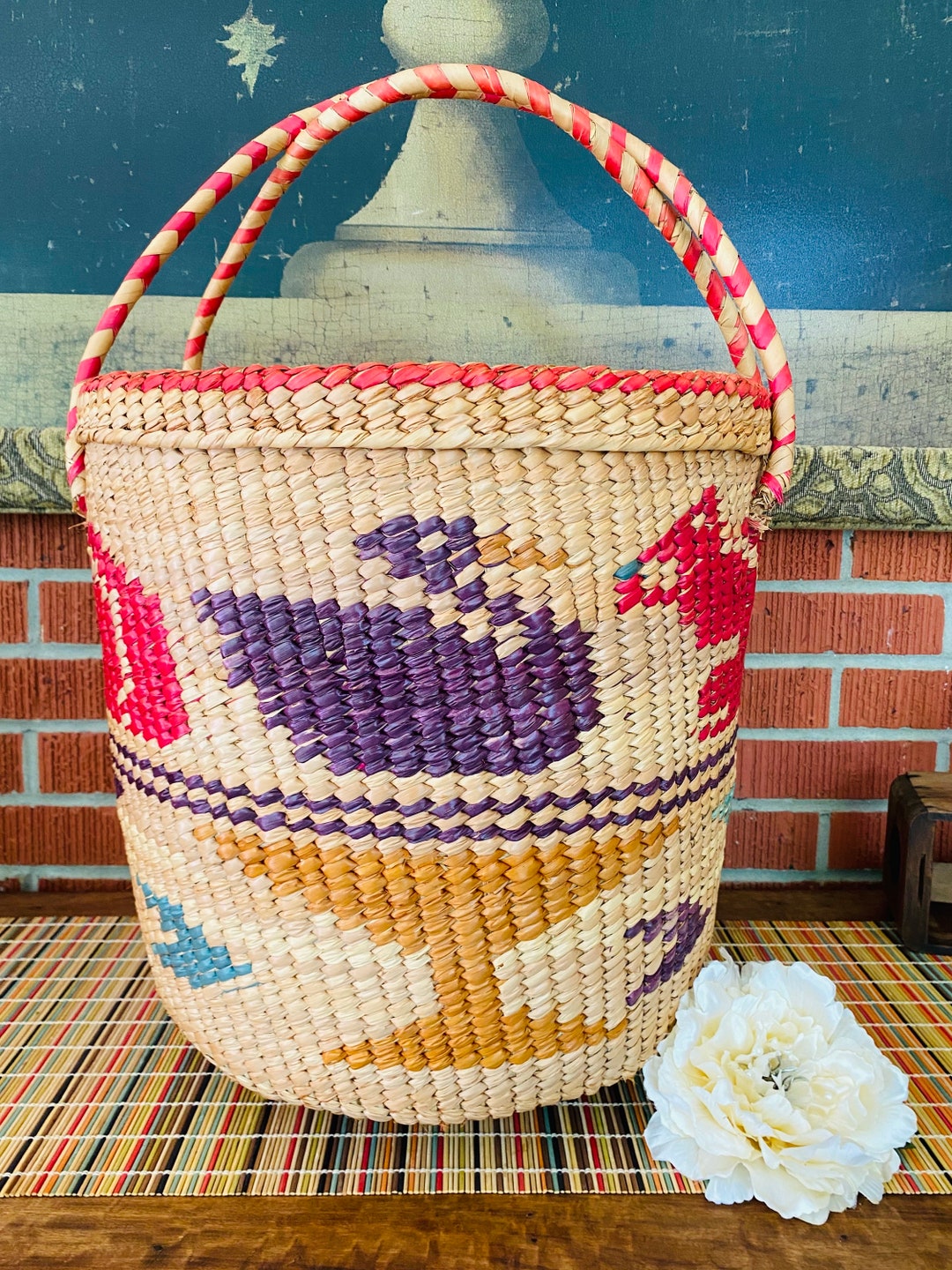 X-large Mexican Hand Woven Lidded Basket W/ Handles - Etsy