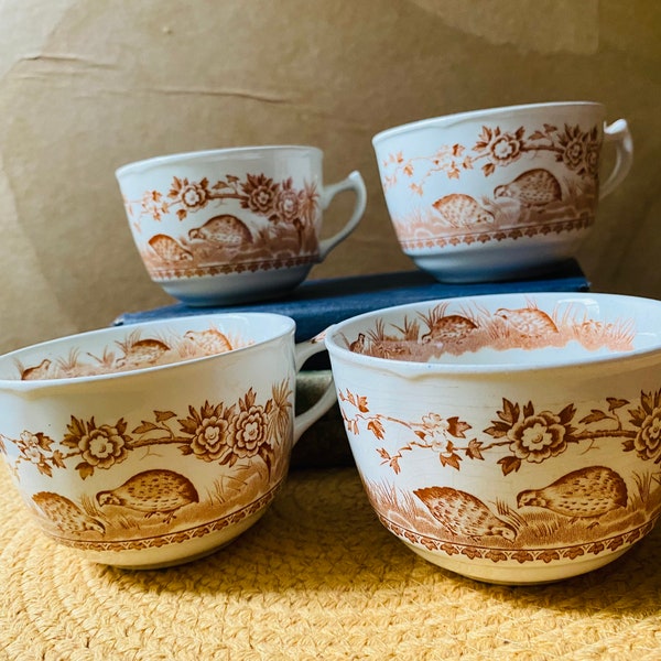 Antique Staffordshire China Set of 4 Tea Cups - Quail Brown Transferware