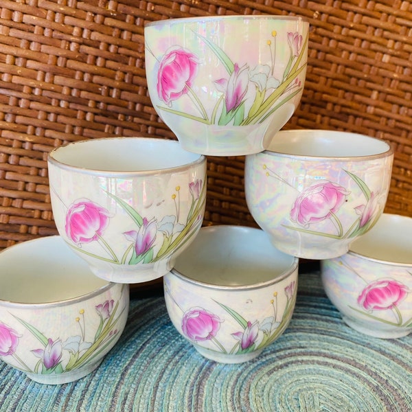 Set of 6 Opalescent Multicolor Tea Cups/ Sake Cups