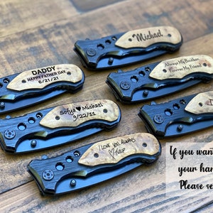 May include: Six pocket knives with wooden handles and engraved messages. The messages include "Daddy Happy Father Day 6/21/21", "Sofya Michael 9/22/11", "Michael", "Always My Brother Forever My Friend", "Dad I Love", and "I Love You Always Tulip".