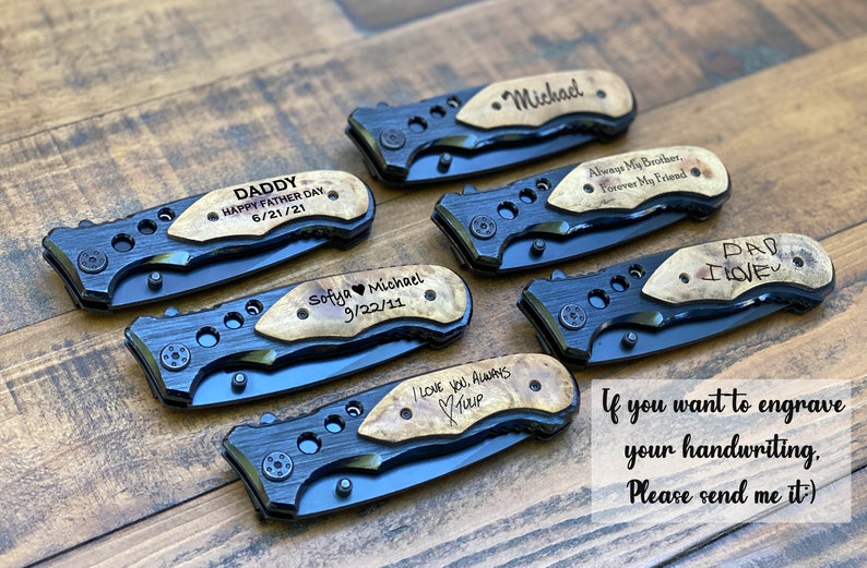 May include: Six pocket knives with wooden handles and engraved messages. The messages include "Daddy Happy Father Day 6/21/21", "Sofya Michael 9/22/11", "Michael", "Always My Brother Forever My Friend", "Dad I Love", and "I Love You Always Tulip".