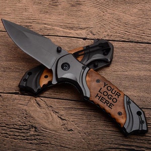 Custom Logo Pocket Knife: Engraved Stainless Steel & Wood Handle