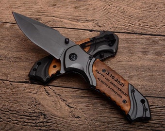 Engraved Pocket Knife: Stainless Steel, Wood Handle, Husband Gift