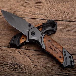 Personalized Anniversary Knife for Husband: Engraved Wood Handle, Stainless Steel
