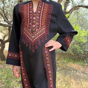 Palestinian Vintage Embroidered Thobe for Girls -Arabic Traditional Tatreez Black Dress with Colorful Embroidery