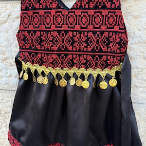 Girls&#39; Palestinian Tatreez Thobe - Embroidered Black & White Ruffle Layers Dress with Gold Coins Belt