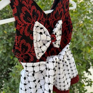 Girls Palestinian Tatreez Dress - Black & Red Embroidery with Keffiyeh Pattern - Heritage Day Thobe