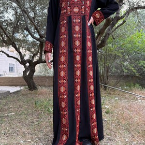 Palestinian Vintage Embroidered Thobe for Women - Hand Tatreez by Palestinian Women - Black Dress with three lines of Traditional Tatreez