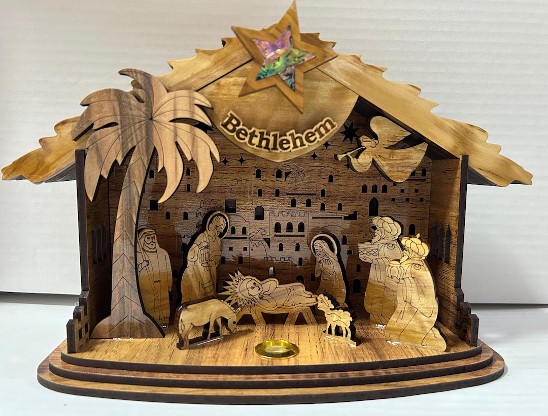 Grotto Star Olive Wood Nativity Scene Grotto With Light & Musical Star – Holy Land ...