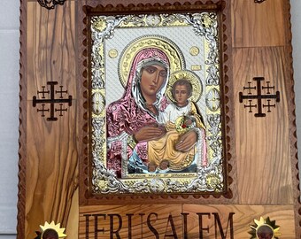 シルバーフィルド壁飾り - 聖母マリアとイエス・キリストの壁掛け、オリーブウッドフレーム付き、Holyland製 - イースターホームデコレーション 14.5x12インチ