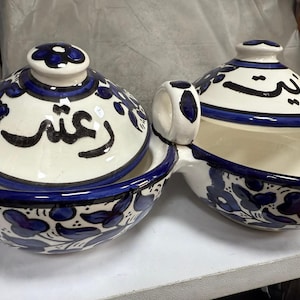 Zeit and Zaatar Handmade & Painted Ceramic Bowl with Handle - Palestinian Thyme and Olive Oil Plate - Breakfast Kitchen Home Set - 2 Designs