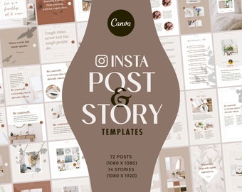 Puede incluir: Un conjunto de 72 plantillas de publicaciones de Instagram y 74 plantillas de historias en un esquema de color blanco y marrón claro. Las plantillas presentan citas e imágenes de flores, libros y otros artículos decorativos. El texto "INSTA POST & STORY TEMPLATES" se muestra en una fuente grande sobre un fondo marrón.