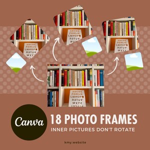 May include: A digital illustration of 18 photo frames in the shape of a diamond. The frames are arranged in a circle around a bookshelf filled with books. The text "Canva 18 PHOTO FRAMES INNER PICTURES DON'T ROTATE kmy.website" is at the bottom of the image.