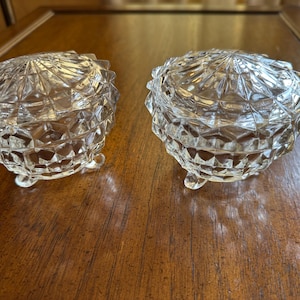 Set of 2 Vintage Geometric Vanity Jars (or Candy Dishes,) Crystal Cut Glass. 1940s to 1960s.