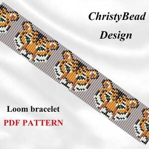 May include: A loom bracelet pattern with a repeating design of pixelated tiger faces in orange, black, white, and green on a grey background. The text "Loom bracelet PDF PATTERN" is displayed in red and black. The design is by ChristyBead.