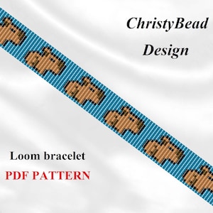 May include: A loom bracelet PDF pattern featuring a repeating design of brown pixelated shapes on a blue background. The text "ChristyBead Design" is in black, and "Loom bracelet PDF PATTERN" is in red.