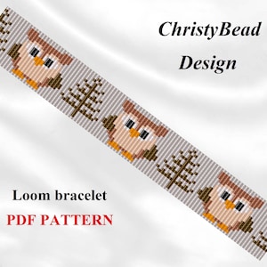Könnte beinhalten: Ein Webband-Muster mit Eulen und Bäumen. Das Muster ist für ein Perlenarmband und als PDF-Download erhältlich. Der Text "ChristyBead Design" und "Loom bracelet PDF PATTERN" ist im Bild enthalten.
