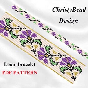 May include: A loom bracelet pattern featuring a floral design with purple flowers, green leaves, and gold accents. The pattern is for a loom bracelet and is available as a PDF download. The text "ChristyBead Design" is at the top of the image.