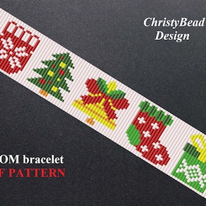 May include: A colorful Christmas-themed loom bracelet pattern featuring a mitten, Christmas tree, bell, stocking, and gift box. The pattern is for a loom bracelet and is available as a PDF download. The text "LOOM bracelet PDF PATTERN" is at the bottom of the image. The text "ChristyBead Design" is at the top right of the image.