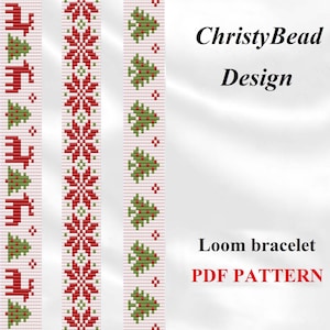 Patrón de pulsera navideña en telar: Reno, árbol y flor (PDF)