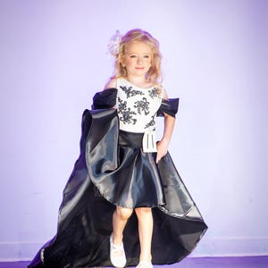 Black and white pageant fun fashion outfit, romper with lace detailing and overskirt/ Girls pageant runway outfit/ Custom pageant dresses