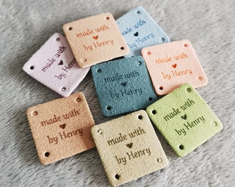 Personalised Square Labels, Custom Crochet Tag, Fabric Label for Handmade Item, Made with Love, 25x25mm
