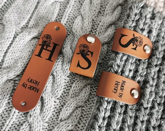 Tag for Handmade Item, Custom Leather Label, Handmade Crochet Tag, Personalised Handmade Labels, Tag With Flower, 64x16mm