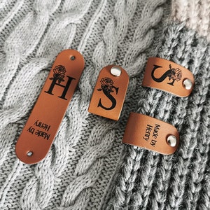 Tag for Handmade Item, Custom Leather Label, Handmade Crochet Tag, Personalised Handmade Labels, Tag With Flower, 64x16mm