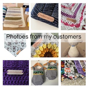 Peut inclure: Photos de clients mettant en valeur des articles en crochet faits main, notamment un body b&eacute;b&eacute;, une couverture en forme de tournesol, un bandana koala, un chapeau violet et un animal en peluche. Les photos comprennent des &eacute;tiquettes personnalis&eacute;es avec le texte "Handmade by Lou", "Handmade by Jana", "Off the Hook by Sarah" et "The Crafty Corner".