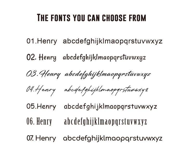 Puede incluir: Un fondo blanco muestra siete opciones de fuente etiquetadas del 01 al 07. Cada fuente se llama "Henry" y est&aacute; seguida de una muestra del alfabeto. El texto "THE FONTS YOU CAN CHOOSE FROM" est&aacute; en la parte superior.