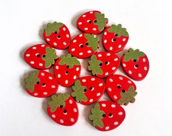 Handmade Wooden Strawberry Buttons – Set of 10 for Sewing, Knitting & Crochet - 17x23mm