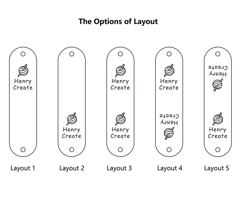 May include: Five different layout options for a bookmark design. The bookmark is a long, thin rectangle with rounded corners. The design features a ball of yarn and the text "Henry Create".